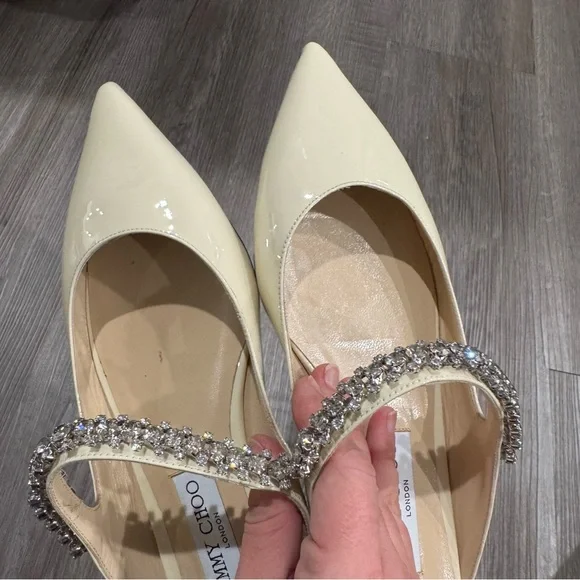 Jimmy Choo Bing Crystal Strap Patent Leather in Linen Mule Flats - Picture 14 of 16